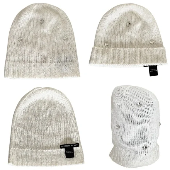 Victoria’s Secret Crystal Rhinestone Off White Knit Beanie Hat, One Size - Picture 13 of 13